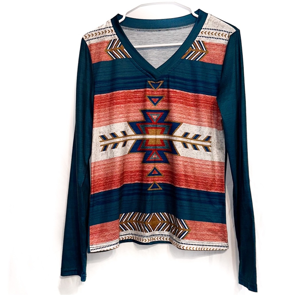 Small Aztec Geometric Long Sleeve V-Neck Blouse - Cyan